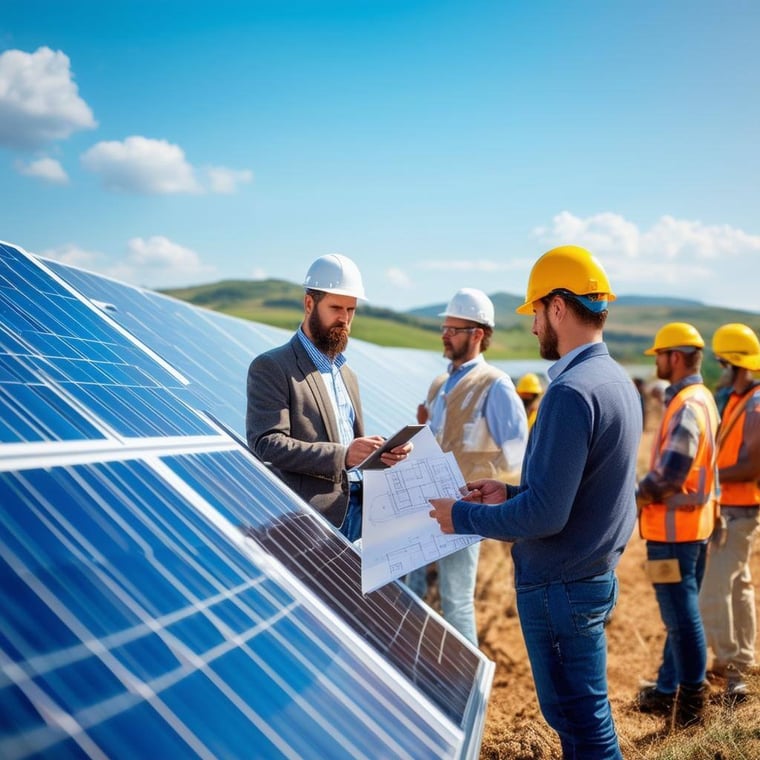 The image features a vibrant solar farm, with rows of gleaming solar panels stretching across a sunlit landscape